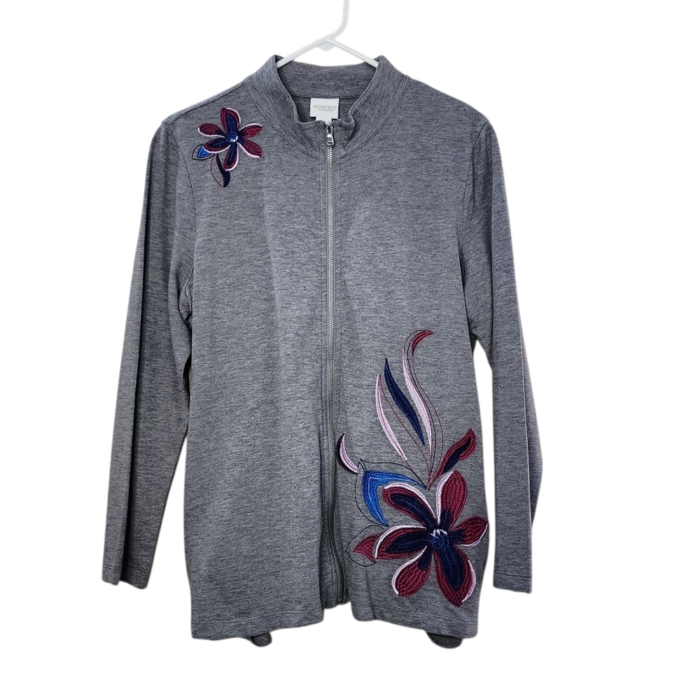 Weekends by Chico’s Women’s Gray Spring Floral Full Zip Sweatshirt -2/ medium
